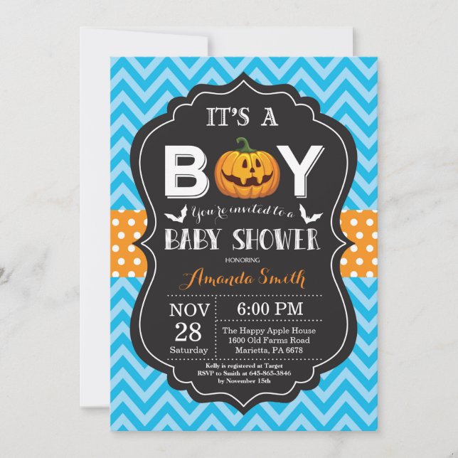 Halloween Baby Boy Invitación a ducha Chevron Azul (Anverso)