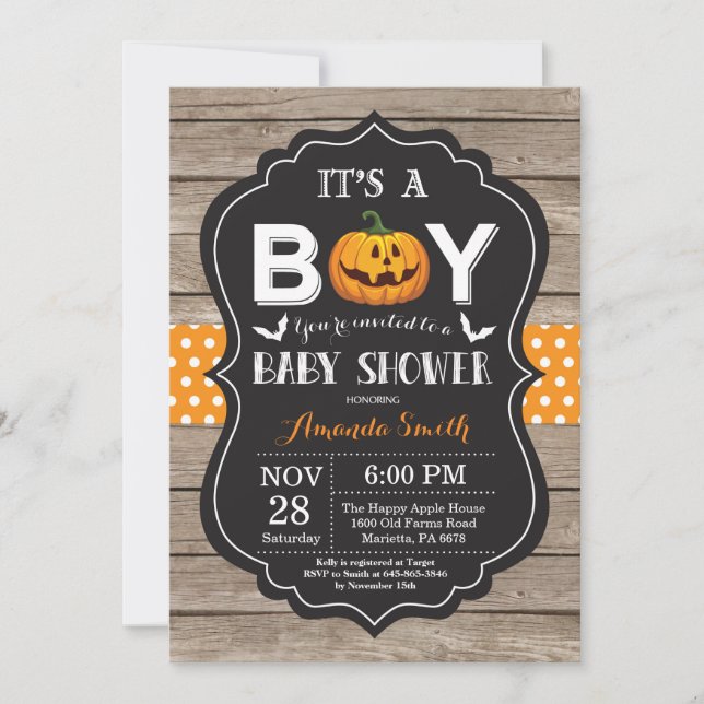 Halloween Baby Boy Invitación a la ducha Madera Rú (Anverso)