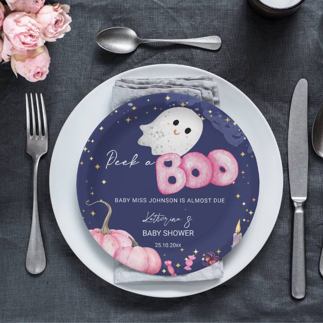 Halloween baby ducha vajilla lindo mirar un boo (Halloween peek a boo baby shower tableware personalized plates cute pink baby ghost starry night)