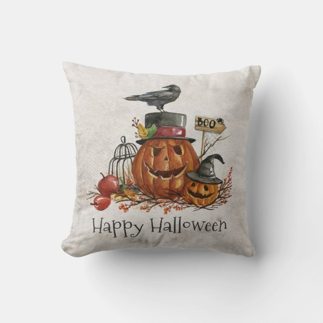 Halloween Black Bird and Pumpkins | Cojín (Anverso)