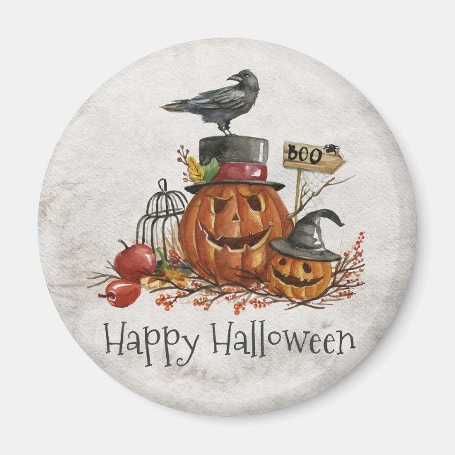 Halloween Black Bird and Pumpkins | Imán (Frente)