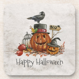 Halloween Black Bird and Pumpkins   Posavasos