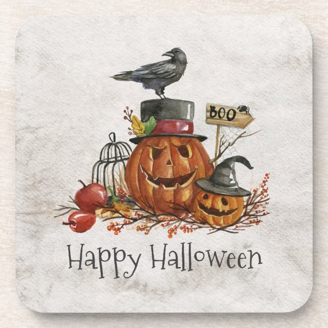 Halloween Black Bird and Pumpkins | Posavasos (Frente)
