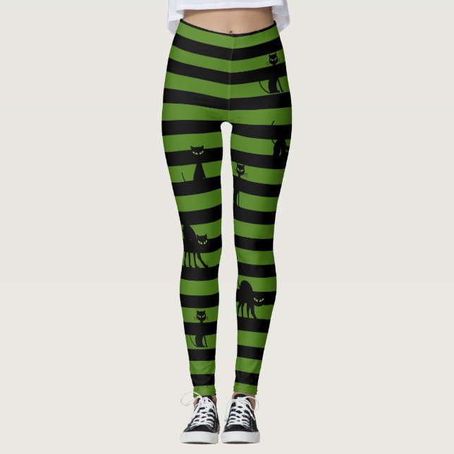 Halloween Black Cat & Stripes Leggings Olive Green (Anverso)