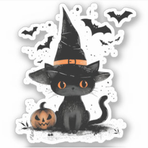 Halloween Black Cat Witch and Bats Pegatina