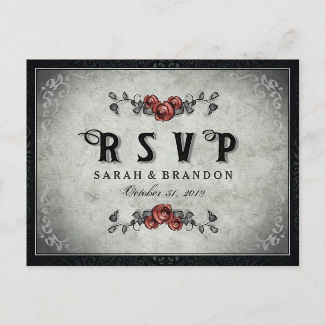 Halloween Black Gray & Heart MENU RSVP (Anverso)