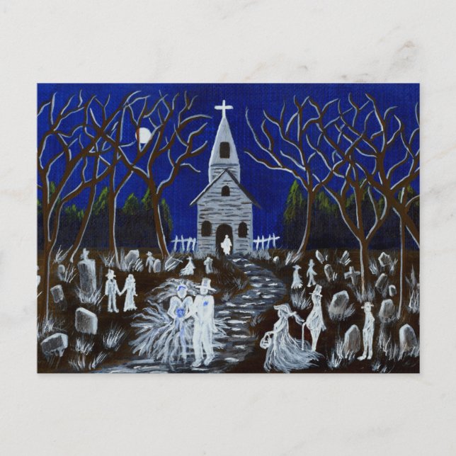 Halloween, boda, cementerio, fantasmas, postal (Anverso)