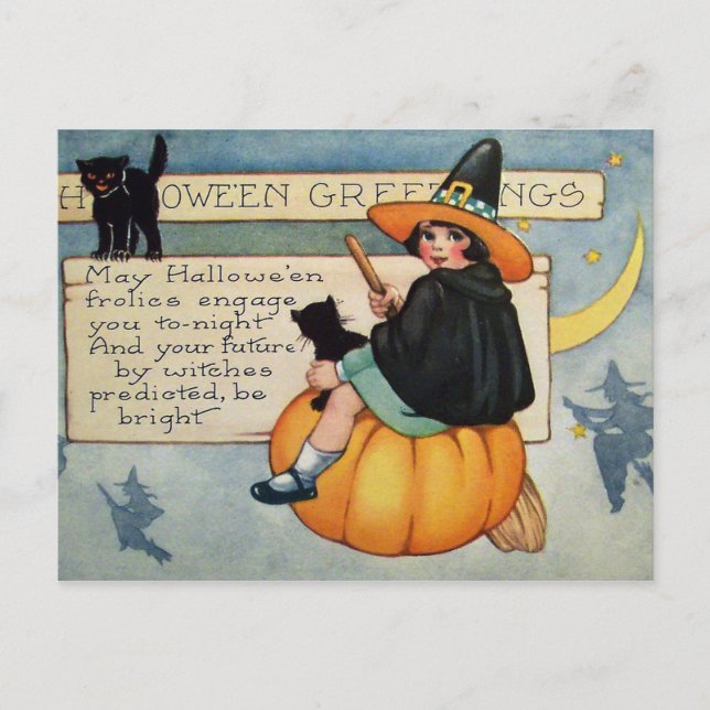 Halloween bruja gatos negros Vintage postal (Anverso)