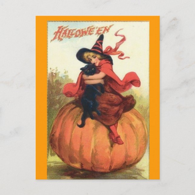 halloween, bruja, negro, gato, postal (Anverso)