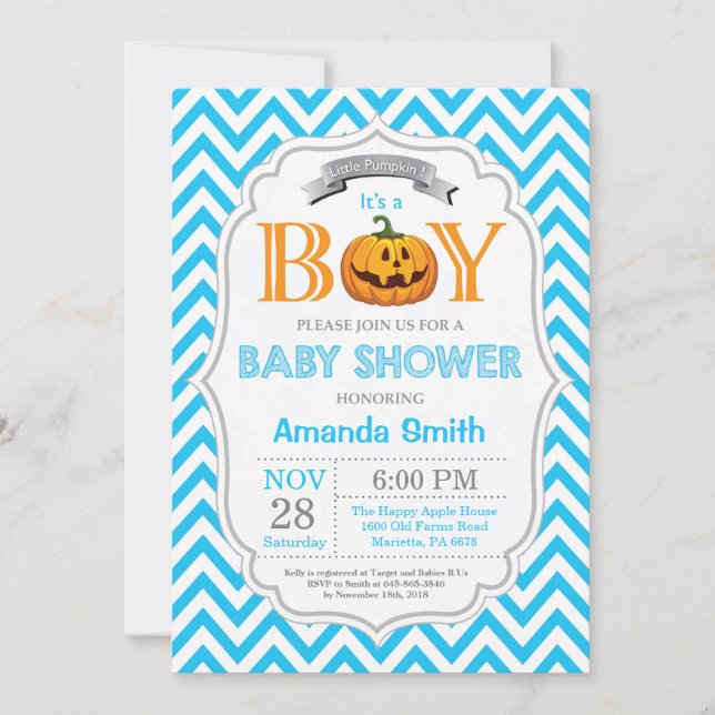 Halloween Calabaza Baby Shower Invitación Boy (Anverso)