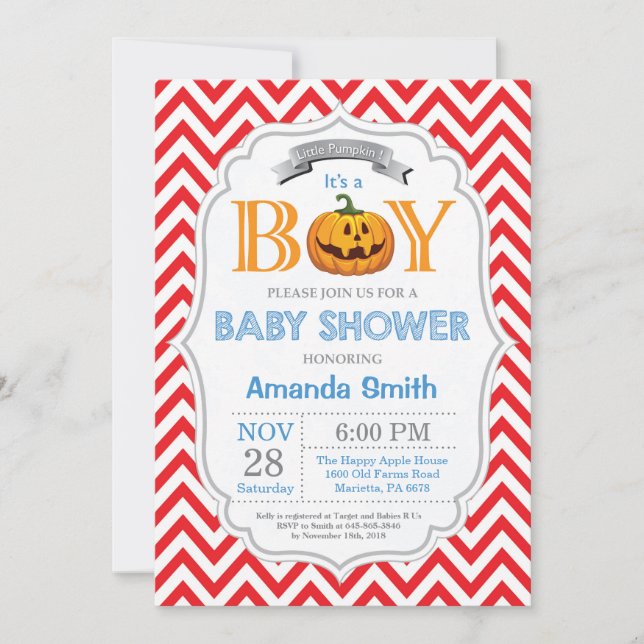 Halloween Calabaza Baby Shower Invitación Boy (Anverso)