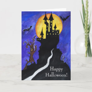 Halloween Castle Bats Tree Drawing Tarjeta de salu