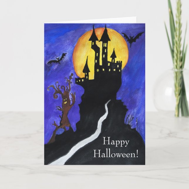 Halloween Castle Bats Tree Drawing Tarjeta de salu (Anverso)