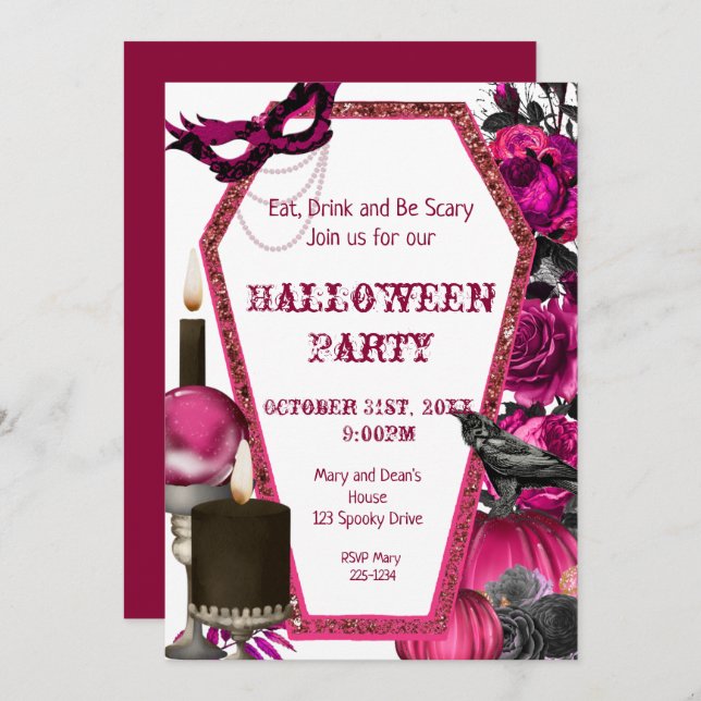 Halloween con ataúd rosado, invitación floral (Anverso / Reverso)