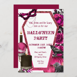 Halloween con ataúd rosado, invitación floral