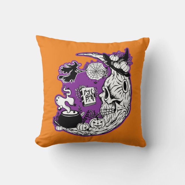 Halloween Crescent Moon Witch Skull Cojín decorati (Anverso)