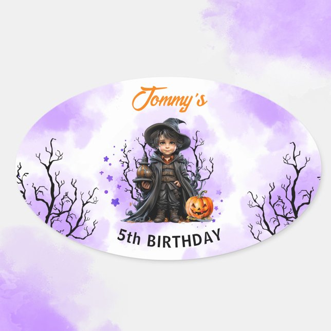 Halloween Cumpleaños Pequeña Mago Oval Pegatina (Halloween Birthday Cute Little Wizard Oval Sticker)