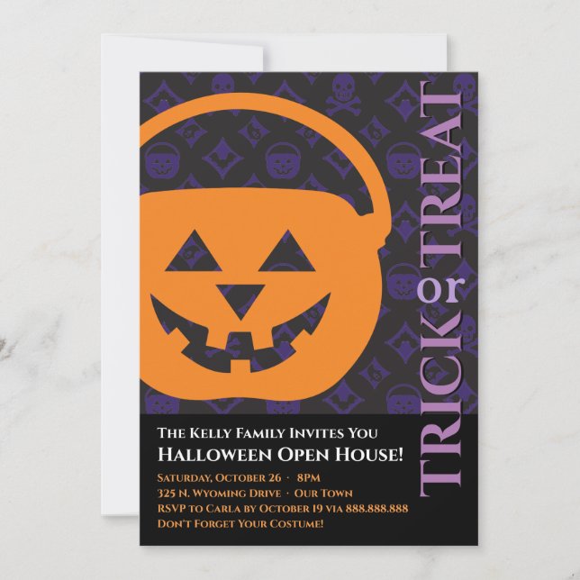 Halloween de diseño, invitación de calabaza en neg (Anverso)
