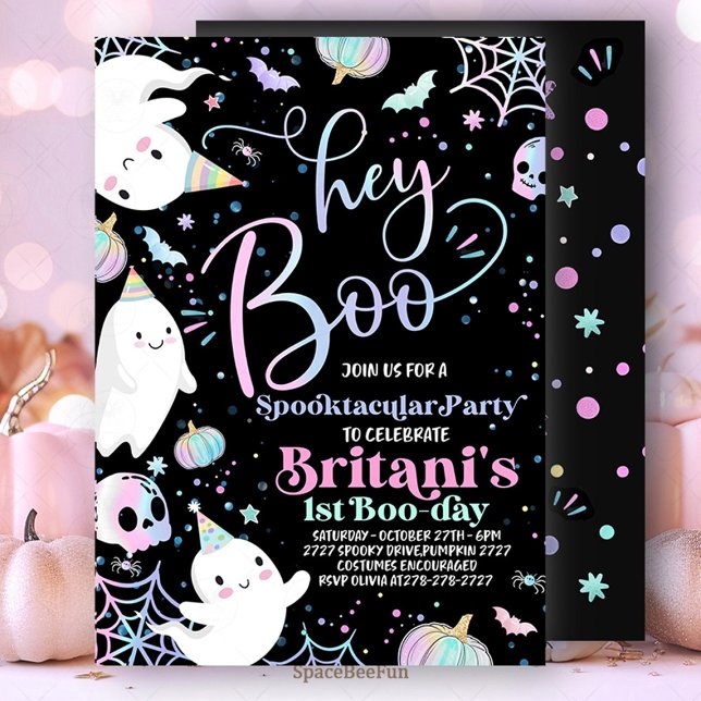 Halloween Fantasma Invitación a cumpleaños Fiesta  (Halloween Ghost Birthday Invitation Party Hey Boo Girly Cute Ghost Birthday Spooktacular Halloween )