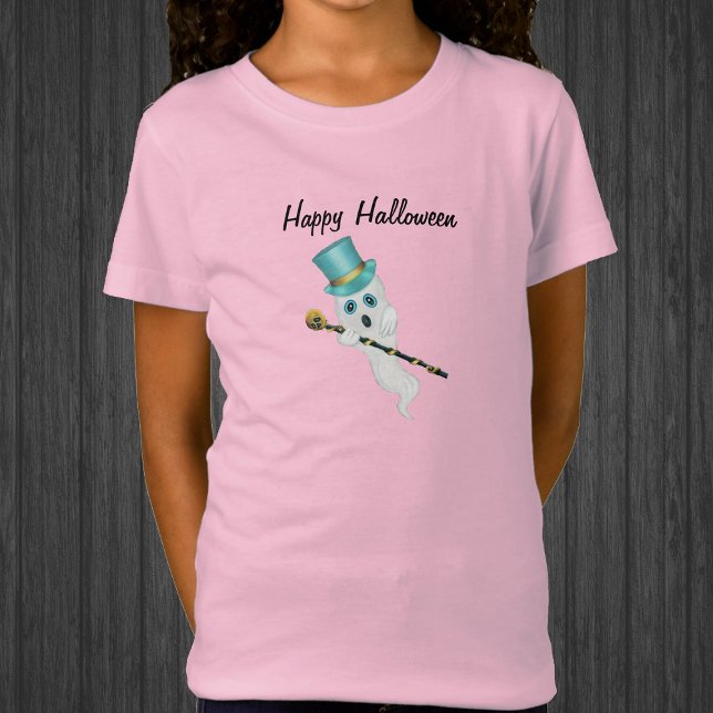 Halloween Ghost Funny Face Blue Top Hat Skull Cant (Silly floating ghost blue top hat fancy black cane skull on top on Happy Halloween kids tee shirt.)