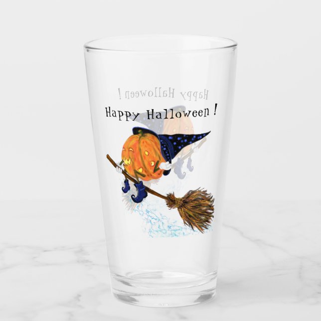 Halloween Glass Witch Pumpkin Flying Broom Fun (Anverso)