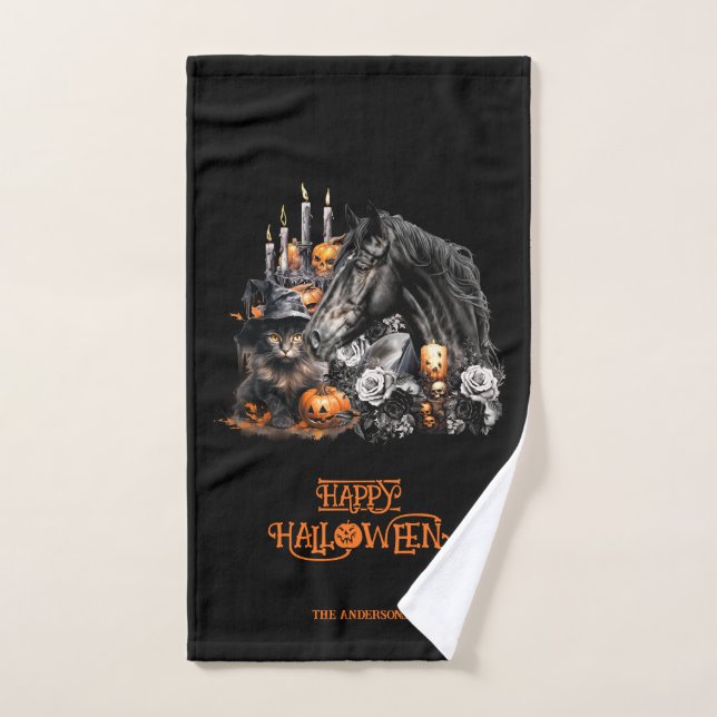 Halloween negro Caballo negro Gato espeluznante (Toalla de mano)