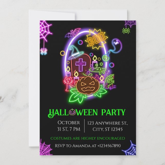 Halloween Neon Party Invitación Ghosts & Pumpkins (Anverso)