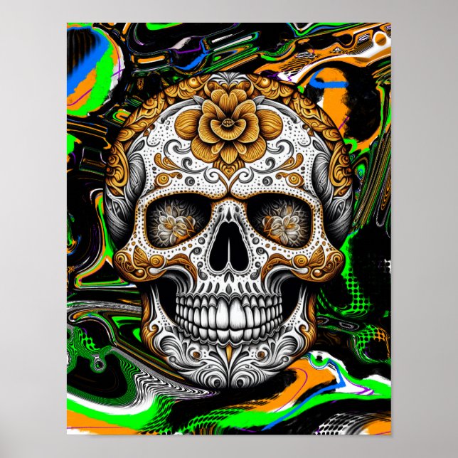 Halloween o Día de Muertos: Arte fluido de cráneo  (Frente)