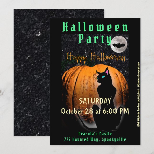Halloween Party | Invitación de gato negro y calab (Anverso / Reverso)