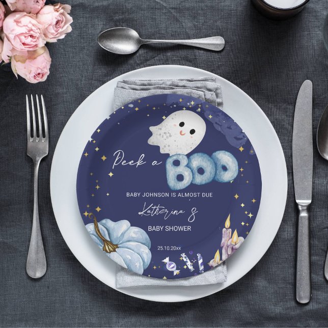 Halloween Peek una vajilla de ducha de bebé (Halloween peek-a-boo baby shower tableware personalized plates starry night cute baby ghost pumpkin)