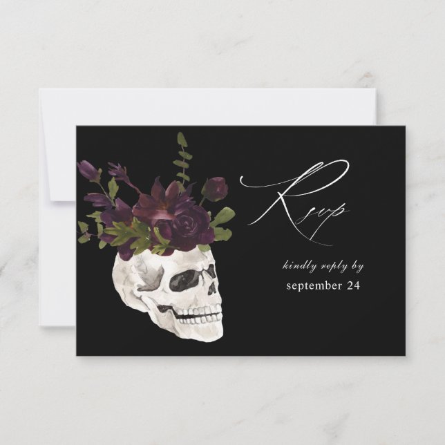 Halloween Purple Floral & Skull w Meal RSVP Black (Anverso)