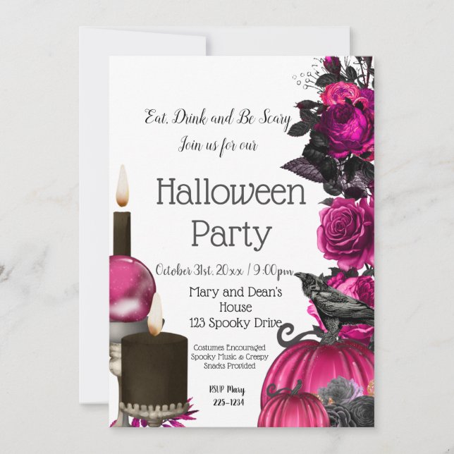 Halloween rosa, bruja, invitación gótica (Anverso)