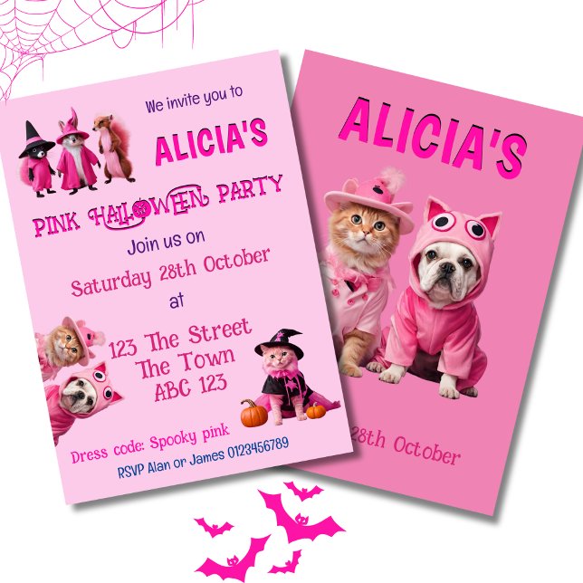 Halloween rosado lindo animal Invitación de Spooky (Invite front and back)
