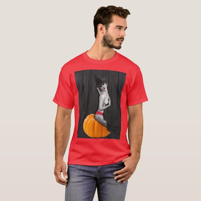 Halloween Sexy Pinup Witch Babe hombres camiseta r (Anverso completo)