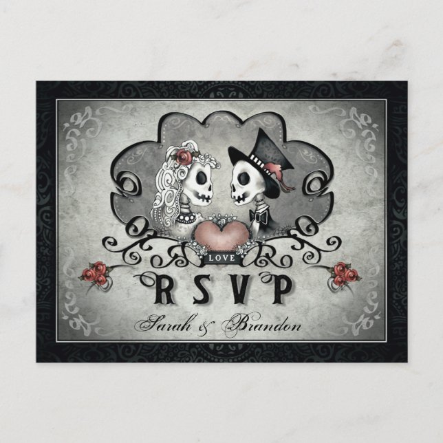 Halloween Skeletons Black Gray & Heart MENU RSVP (Anverso)