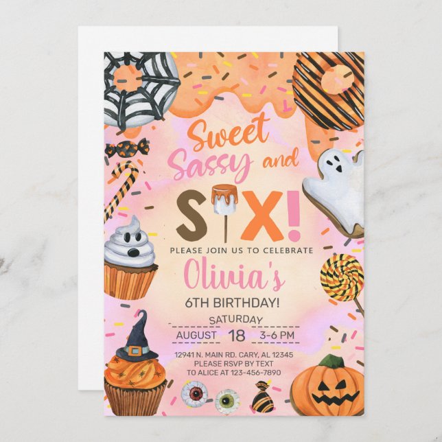 Halloween Sweet Sassy seis chicas Invitación de cu (Anverso / Reverso)