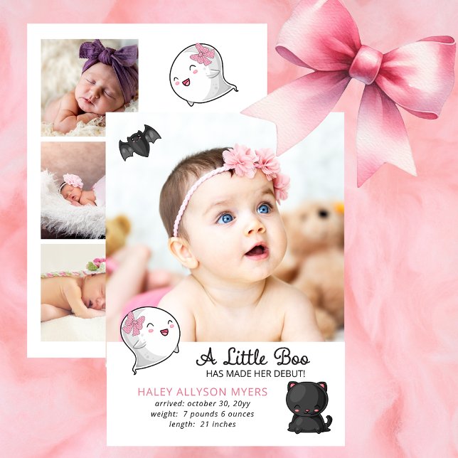 Halloween Un Pequeño Fantasma De Boo - Nacimiento  (Cute Halloween A Little Boo Has Made Her Debut Girl Birth Announcement With Kawaii Cat, Bat, Ghost)