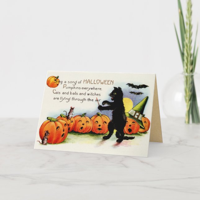 Halloween vintage, gato negro, tarjeta de calabaza (Anverso)