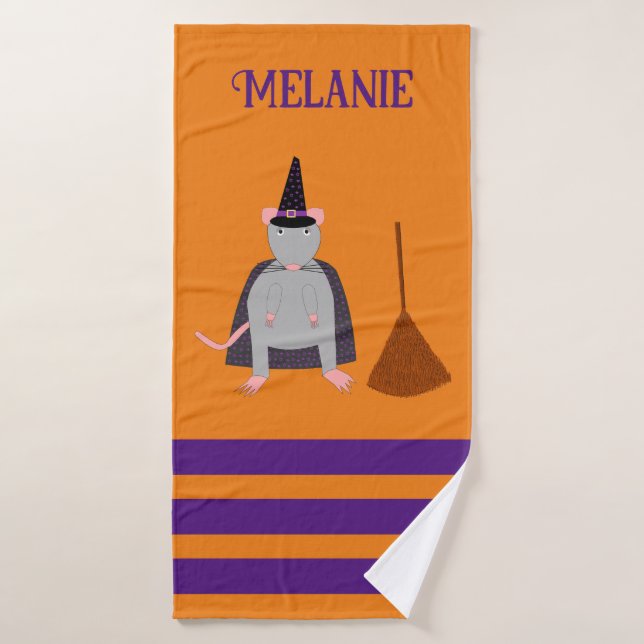 Halloween Witch Rat and Broom Custom Name (Toalla de baño)
