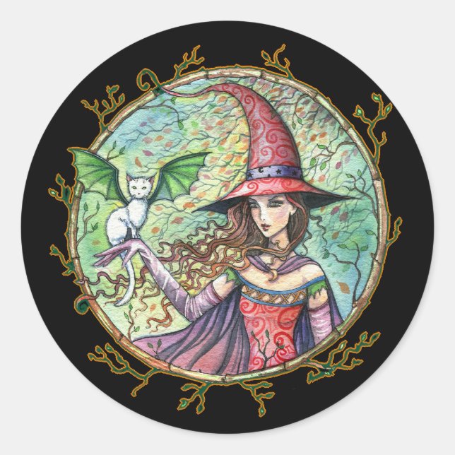 Halloween Witch White Cat Pegatinas (Anverso)