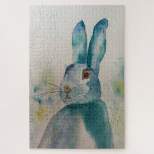 Hamid Rabbit Watercolor Blue Jigsaw Puzzle