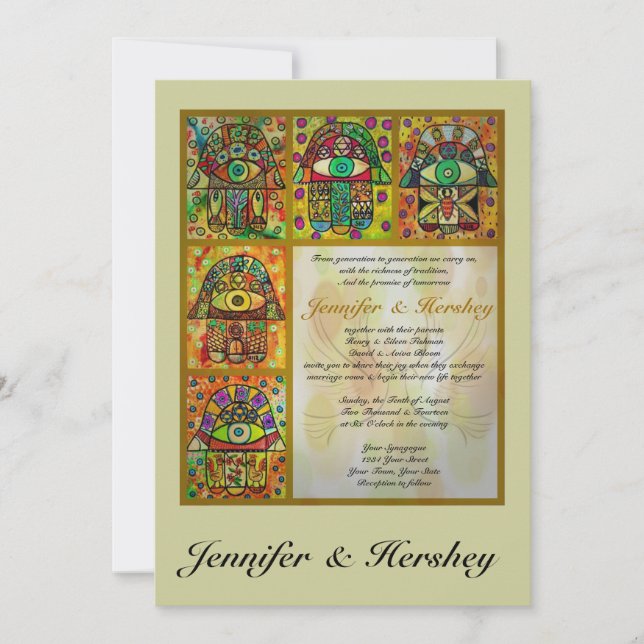 Hamsa de oro y palomas de la invitación de la boda (Anverso)