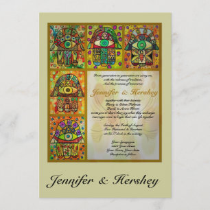 Hamsa de oro y palomas de la invitación de la boda