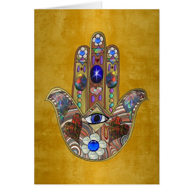 Hamsa Hearts Flores: Arte Opal sobre Oro (Frente)