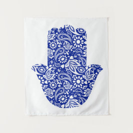 Hamsa Mano Bohemias Tapiz Blanco Azul