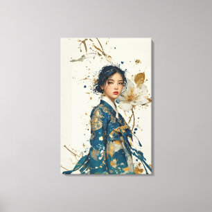 Hanbok Azul Moderno y Arte Floral en Lienzo con Ho