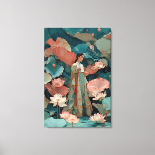 Hanbok de té azul místico y arte de lienzo de loto