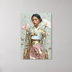 Hanbok Pastel Sereno y Arte en Lienzo con Hoja de