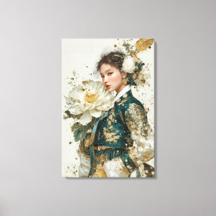 Hanbok verde oscuro elegante y lienzo de peonía b