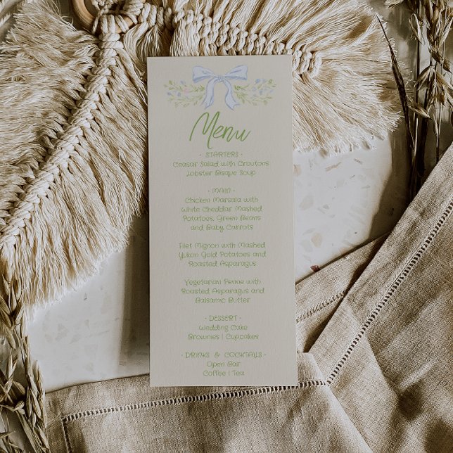 Hand Drawn Blue Bow Floral Summer Wedding Menu  (Subido por el creador)